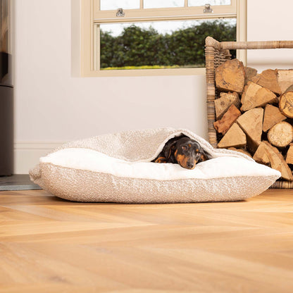 Luxury Mink Boucle Sleepy Burrow, The Perfect bed For a Pet to Burrow. Available To Personalise In Stunning Mink Bouclé Here at Lords & Labradors