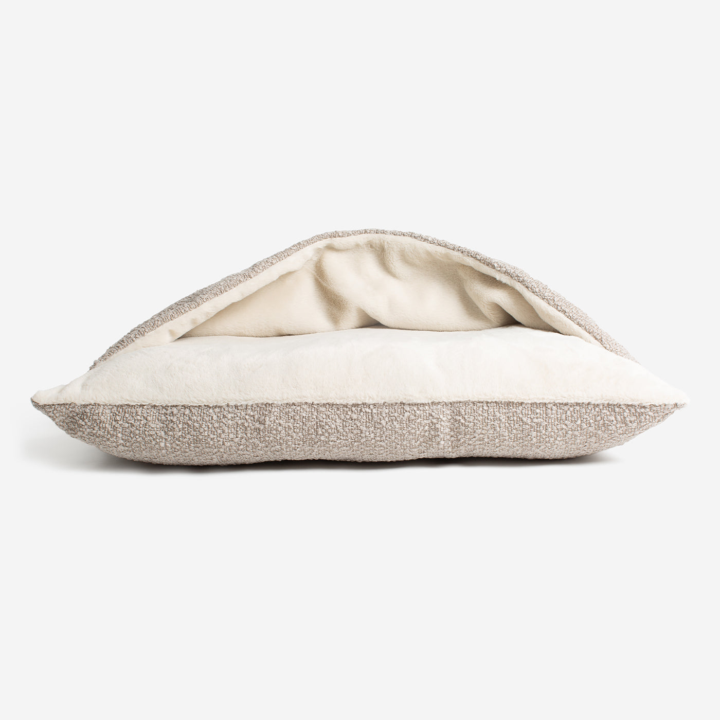 Luxury Mink Boucle Sleepy Burrow, The Perfect bed For a Pet to Burrow. Available To Personalise In Stunning Mink Bouclé Here at Lords & Labradors