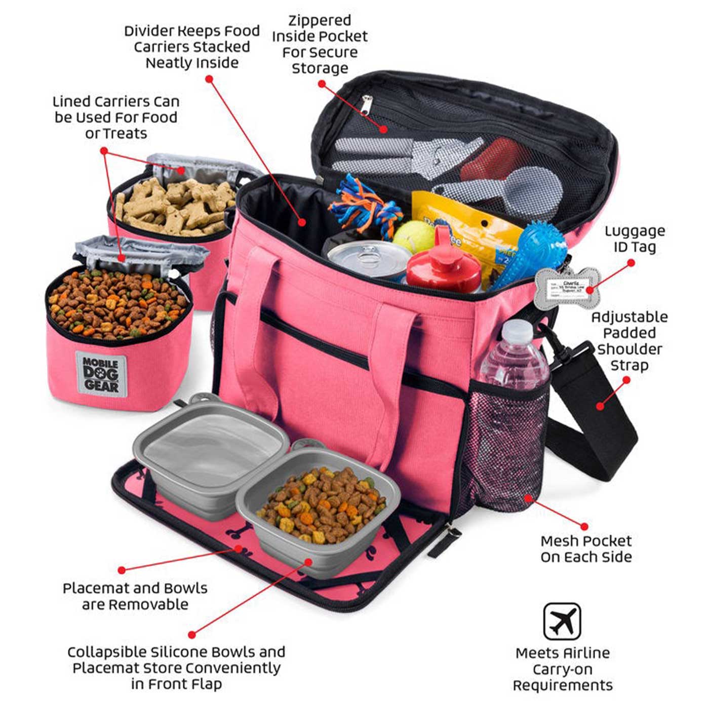 Discover, Mobile Dog Gear Week Away Bag, in Pink. The Perfect Away Bag for any Pet Parent, Featuring dividers to stack food and built in waste bag dispenser. Also Included feeding set, collapsible silicone bowls and placemat! The Perfect Gift For travel, meets airline requirements. Available Now at Lords & Labradors