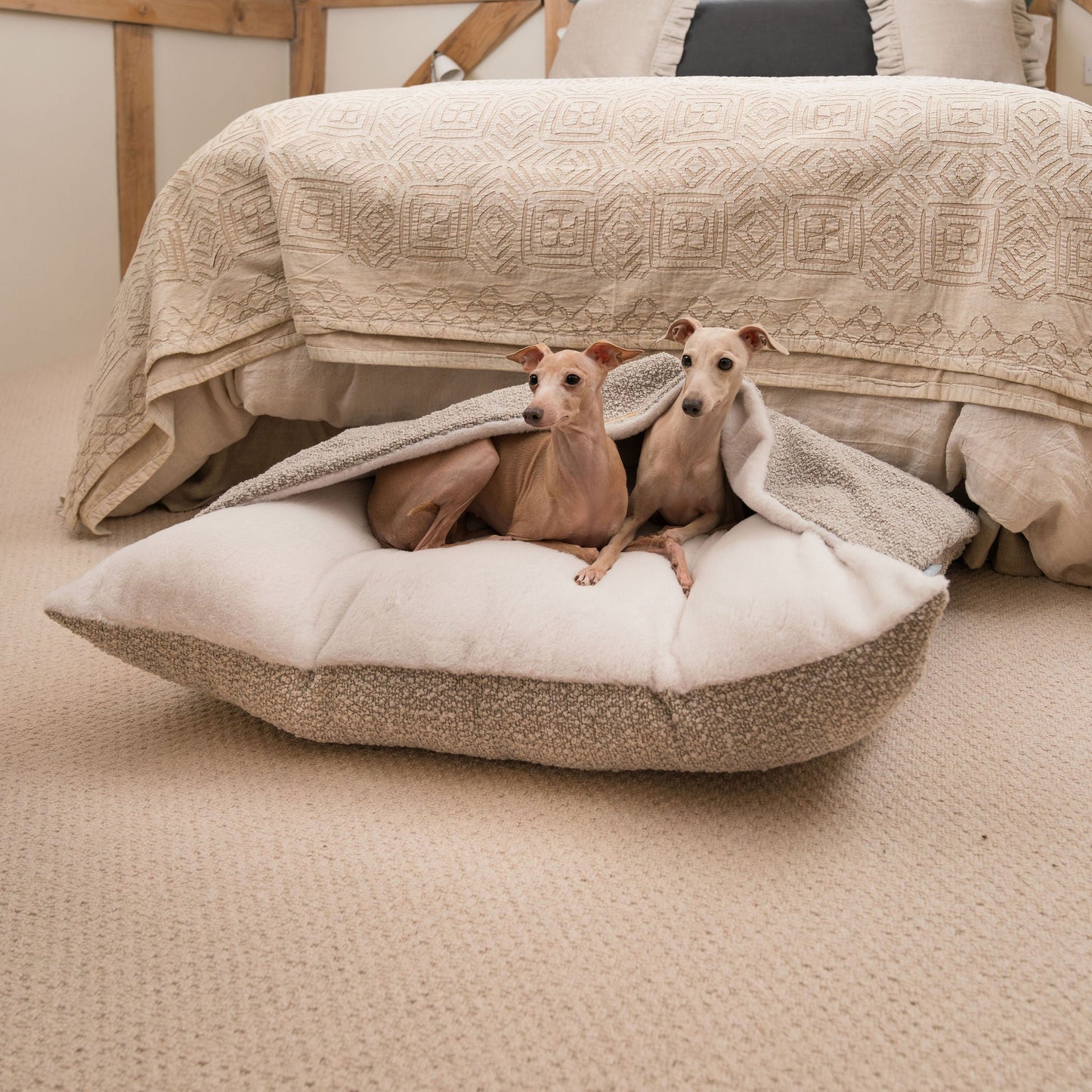 Luxury Mink Boucle Sleepy Burrow, The Perfect bed For a Pet to Burrow. Available To Personalise In Stunning Mink Bouclé Here at Lords & Labradors