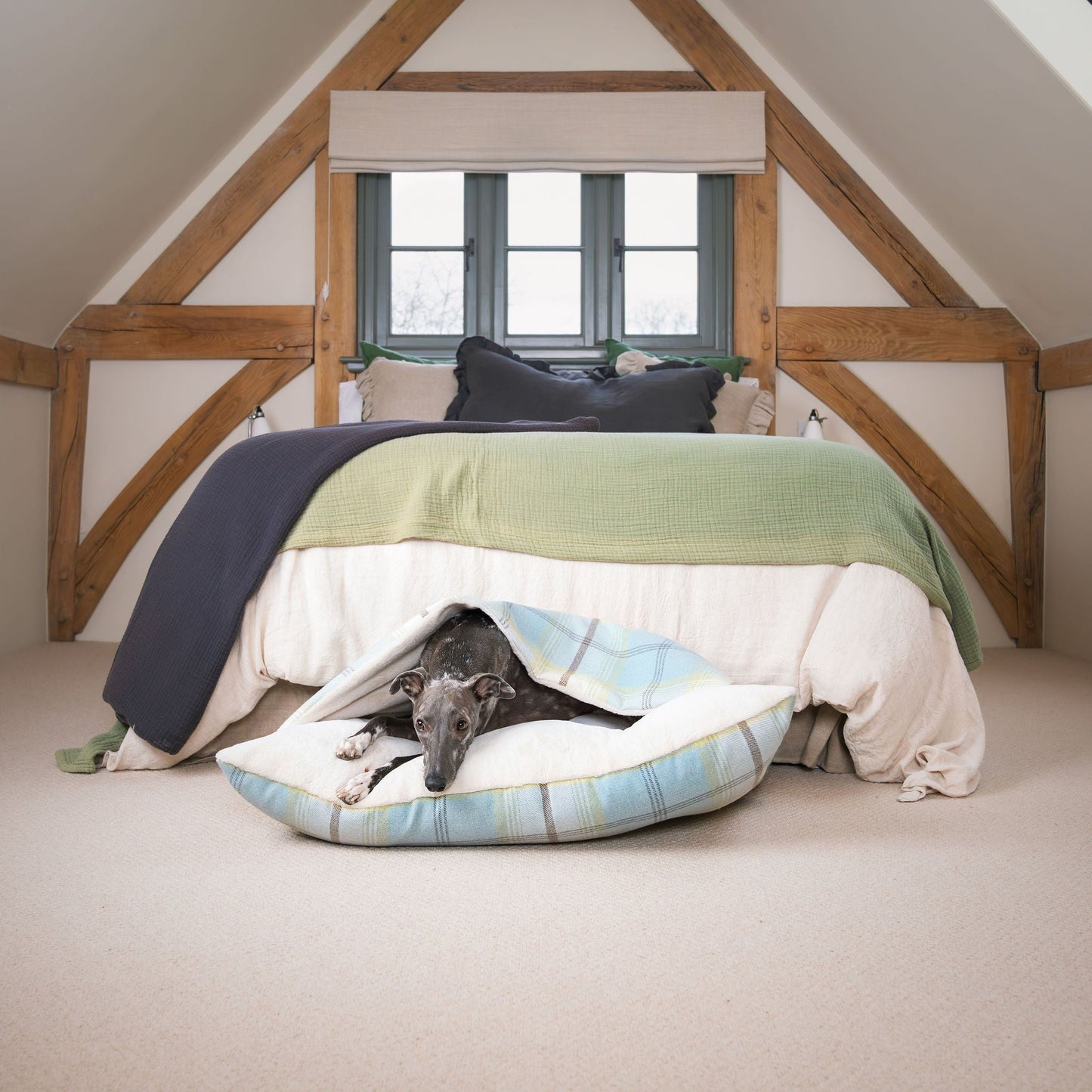 Discover The Perfect Burrow For Your Pet, Our Stunning Sleepy Burrow Dog Beds In Duck Egg Tweed Is The Perfect Bed Choice For Your Pet, Available Now at Lords & Labradors