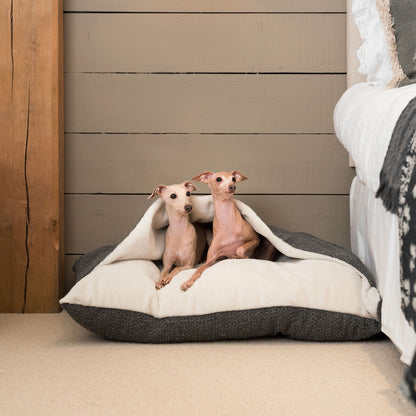 Luxury Boucle Sleepy Burrow, The Perfect bed For a Pet to Burrow. Available To Personalise In Stunning Granite Bouclé Here at Lords & Labradors