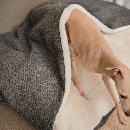 Luxury Boucle Sleepy Burrow, The Perfect bed For a Pet to Burrow. Available To Personalise In Stunning Granite Bouclé Here at Lords & Labradors