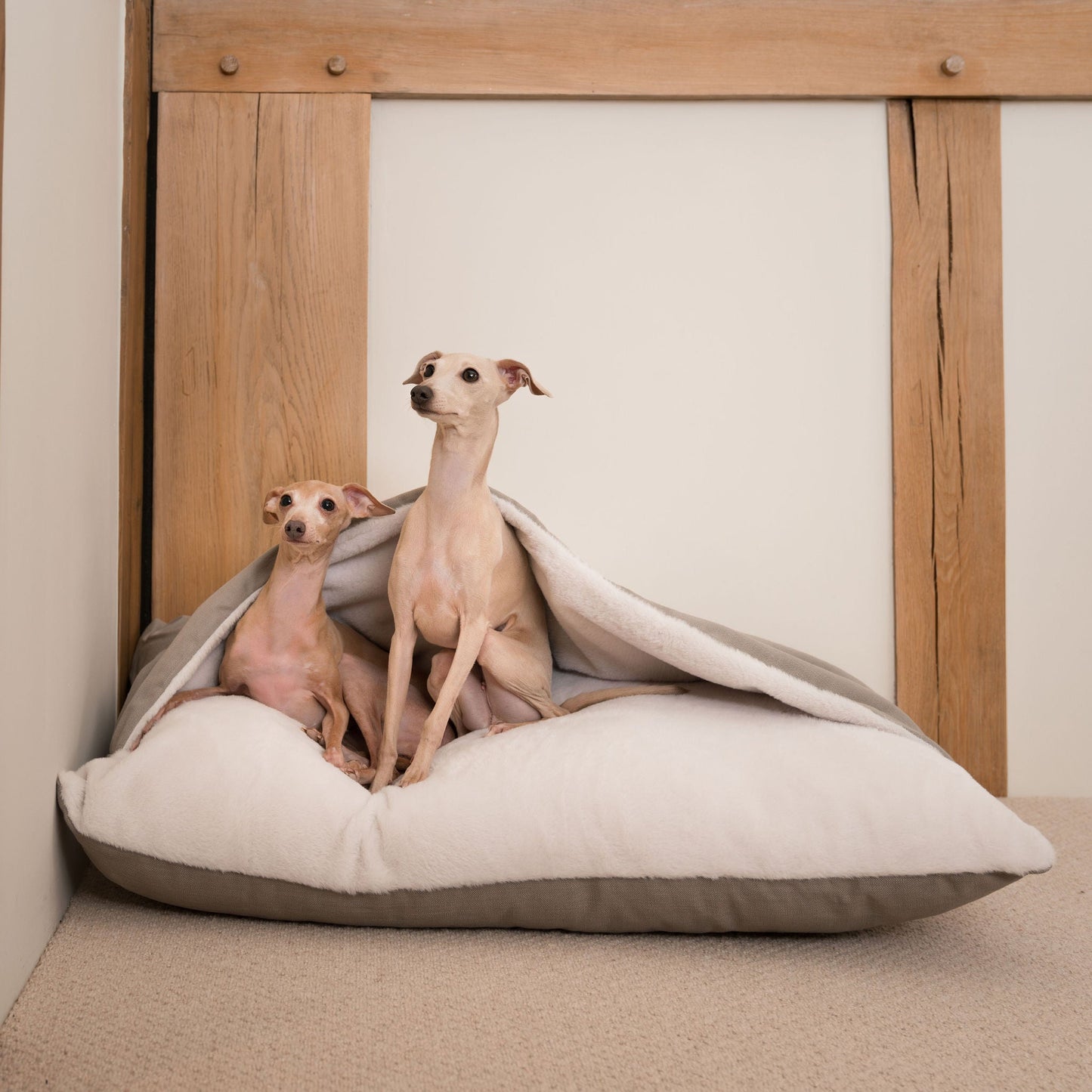 Luxury Savanna Sleepy Burrow, The Perfect bed For a Pet to Burrow. Available To Personalise In Stunning Savanna Stone, Here at Lords & Labradors