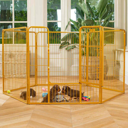 Ensure The Ultimate Puppy Safety with Our Heavy Duty 80cm High Gold Metal Play Pen, Crafted to Take Your Pet Right Through Maturity! Powder Coated to Be Extra Hardwearing! 6 panels that are 80cm high and attachments to connect to any crate. The modular system allows you to change the puppy pen shape with multiple layouts! Available To Now at Lords & Labradors 