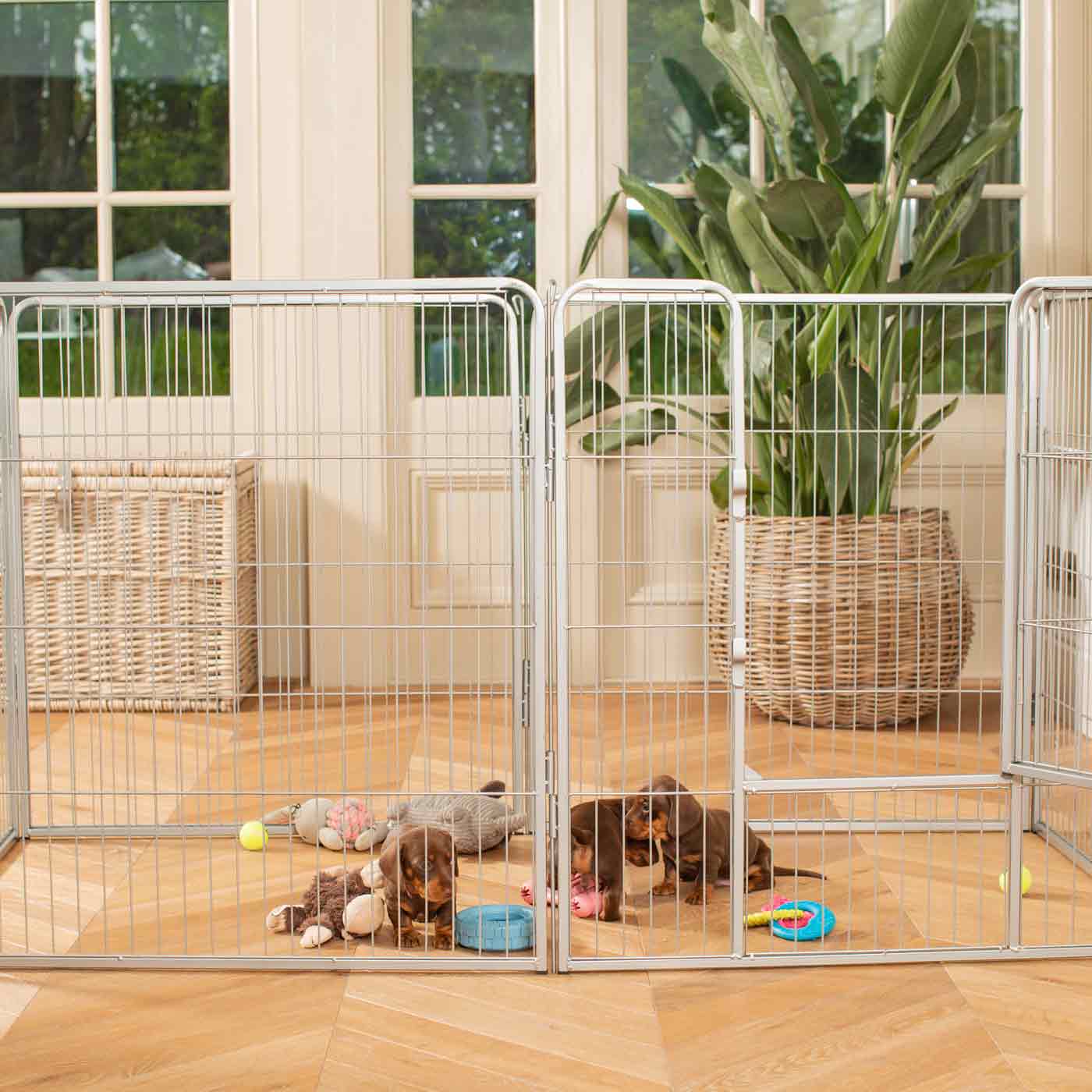 Ensure The Ultimate Puppy Safety with Our Heavy Duty 80cm High Silver Metal Play Pen, Crafted to Take Your Pet Right Through Maturity! Powder Coated to Be Extra Hardwearing! 6 panels that are 80cm high and attachments to connect to any crate. The modular system allows you to change the puppy pen shape with multiple layouts! Available To Now at Lords & Labradors    