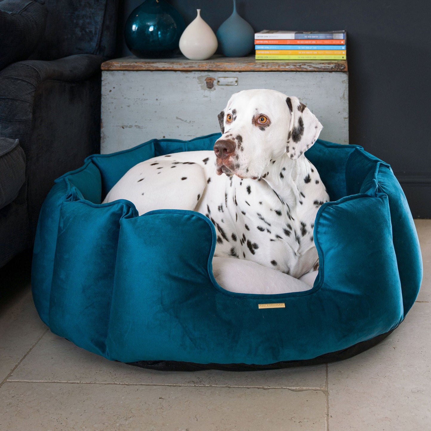 High Wall Bed For Dogs in Marine Velvet By Lords & Labradors