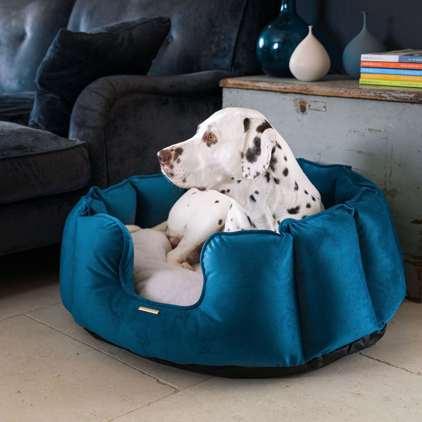 High Wall Bed For Dogs in Marine Velvet By Lords & Labradors