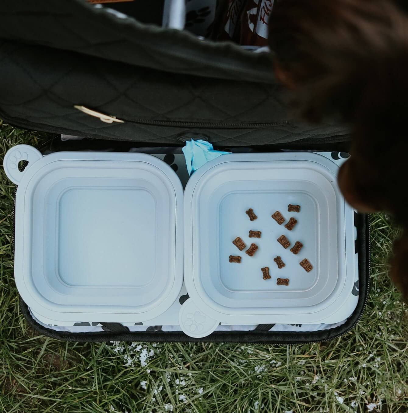 Discover, Mobile Dog Gear Weekender Backpack, in Black. The Perfect Away Bag for any Pet Parent, Featuring dividers to stack food and built in waste bag dispenser. Also Included feeding set, collapsible silicone bowls and placemat! The Perfect Gift For travel, meets airline requirements. Available Now at Lords & Labradors