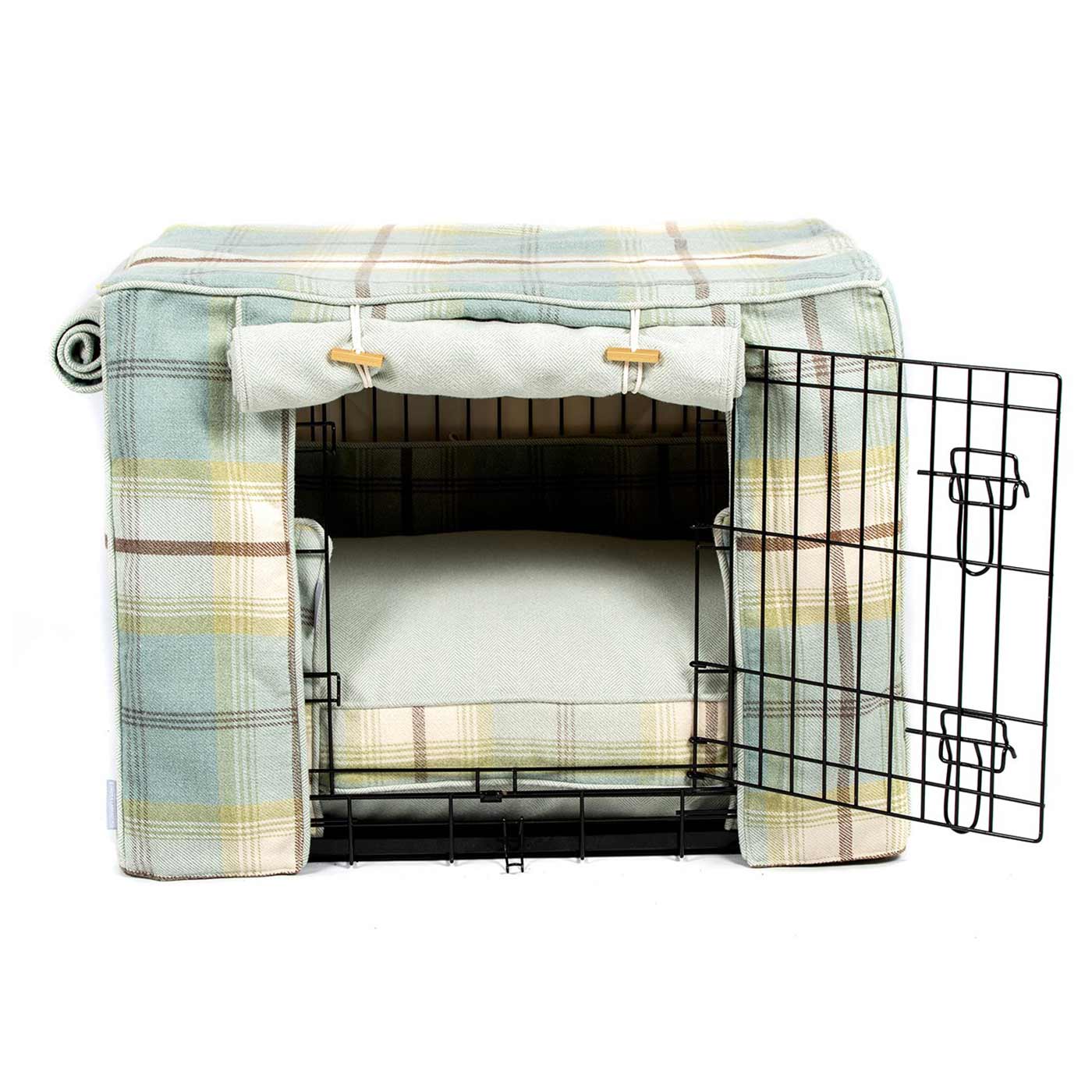 Luxury Heavy Duty Dog Crate, In Stunning Balmoral Duck Egg Tweed Crate Set, The Perfect Dog Crate Set For Building The Ultimate Pet Den! Dog Crate Cover Available To Personalise at Lords & Labradors 