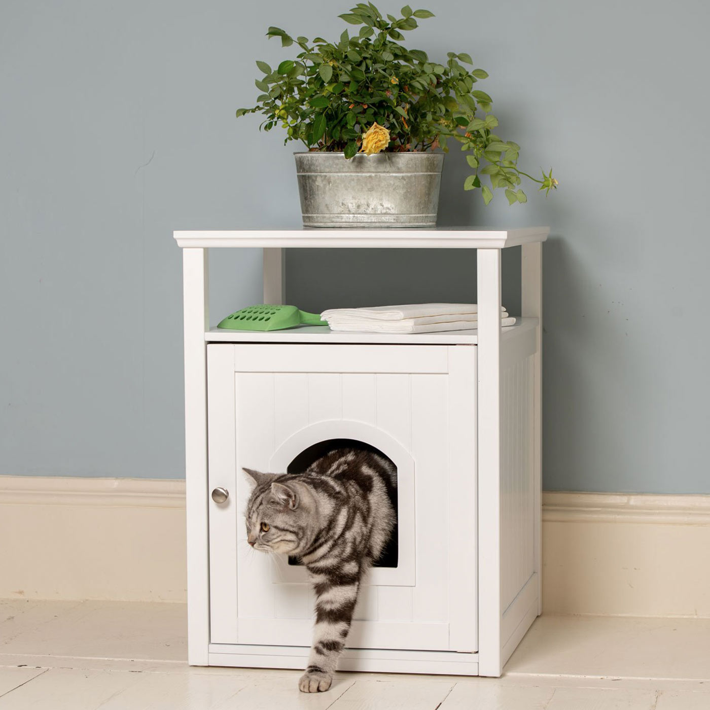 Discover The Perfect Multi-Functional Cat Washroom, Featuring Hinged Door for a Discreet Cat Loo. Suitable for All Cat Breeds! Made From Durable Wood to Ensure a Stylish Finish That Suits Any Home Decor! Includes a Complimentary Litter Tray. Available In Grey & White Now at Lords & Labradors    