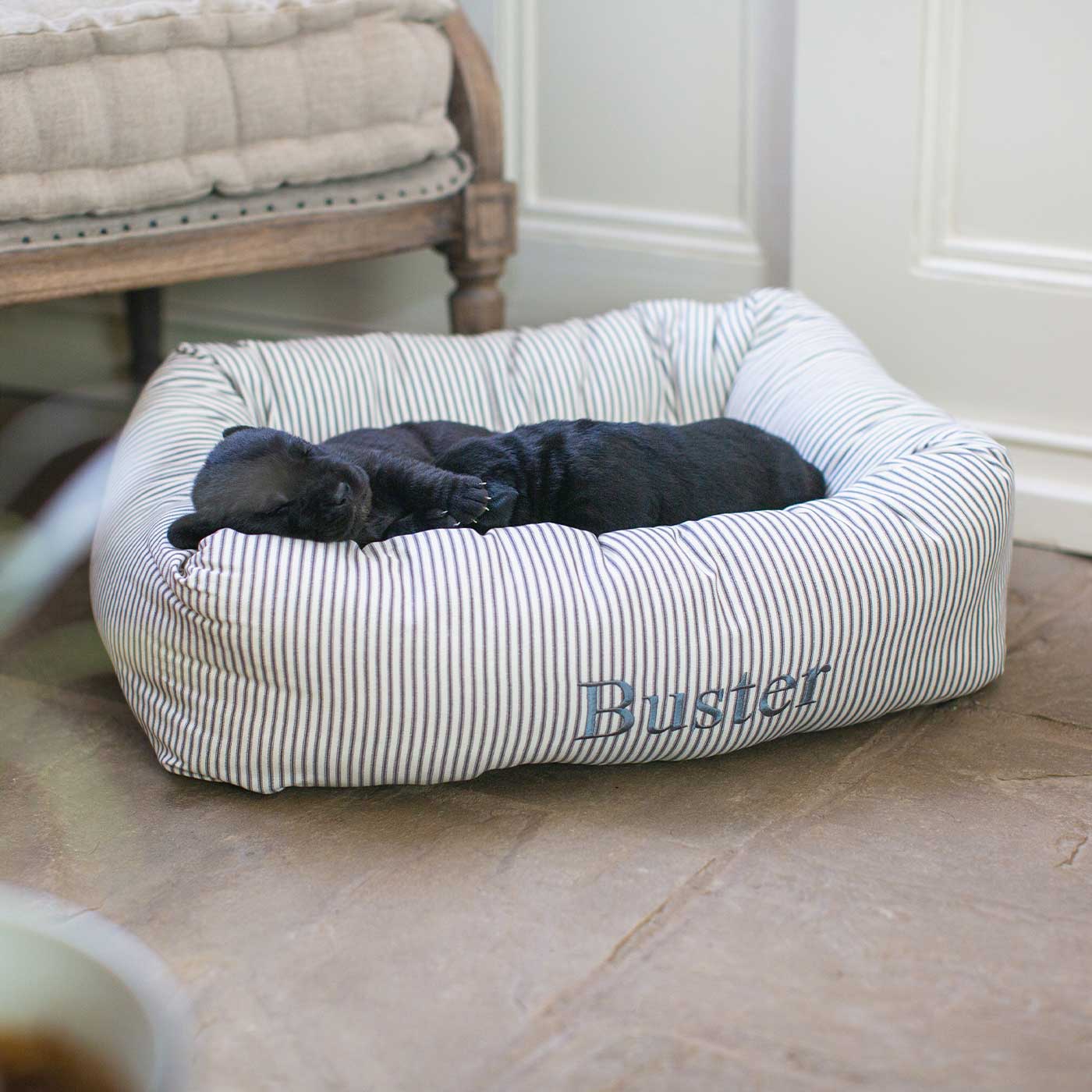 Cosy & Calm Puppy Crate Bed, The Perfect Dog Crate Accessory For The Ultimate Dog Den! In Stunning Regency Stripe! Available To Personalise at Lords & Labradors 