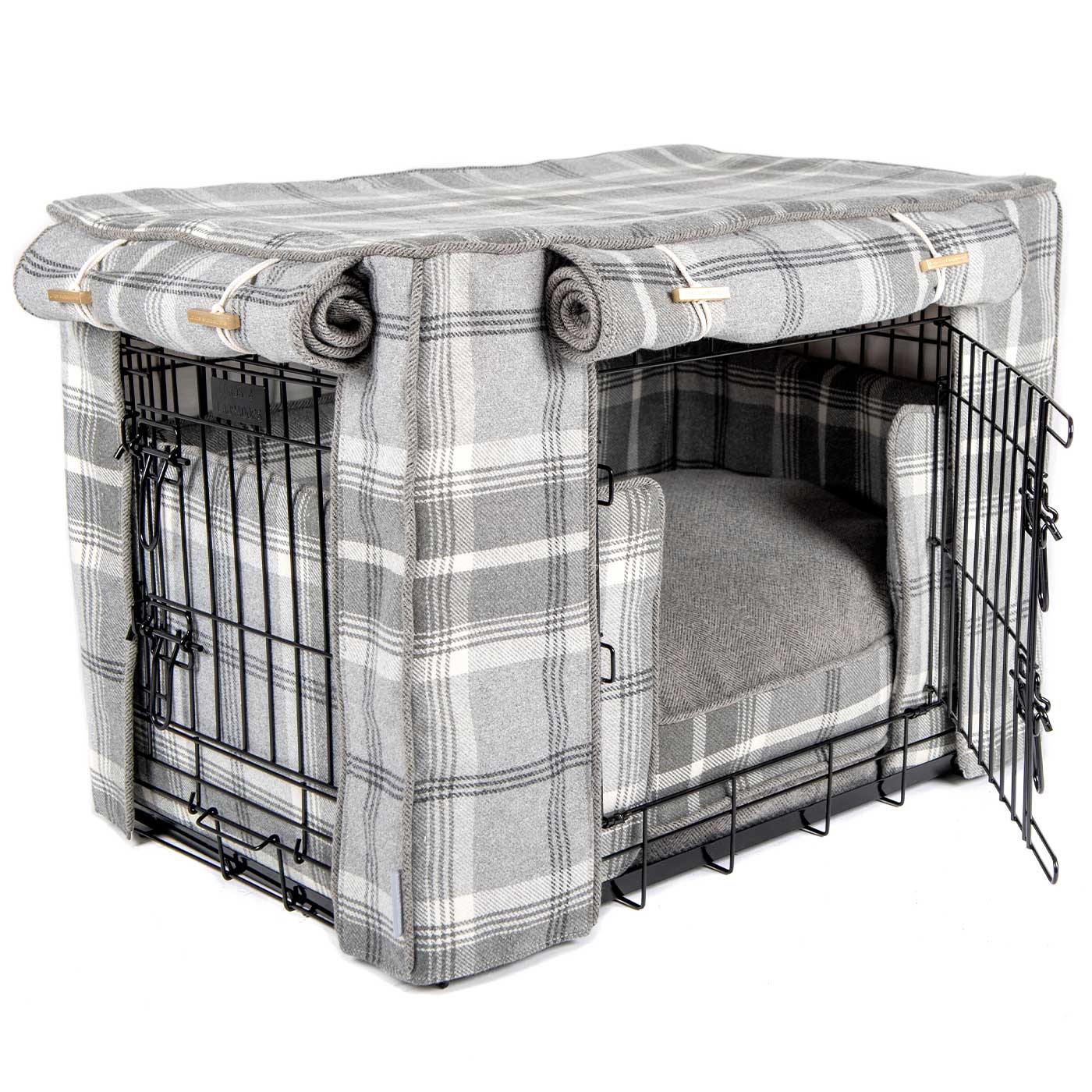 Luxury Heavy Duty Dog Crate, In Stunning Balmoral Dove Grey Tweed Crate Set, The Perfect Dog Crate Set For Building The Ultimate Pet Den! Dog Crate Cover Available To Personalise at Lords & Labradors 