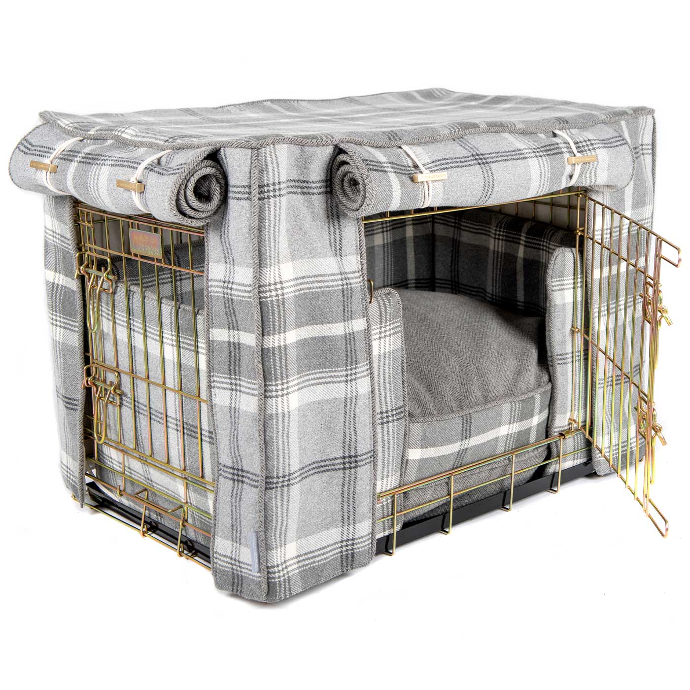 Luxury Heavy Duty Dog Crate, In Stunning Balmoral Dove Grey Tweed Crate Set, The Perfect Dog Crate Set For Building The Ultimate Pet Den! Dog Crate Cover Available To Personalise at Lords & Labradors 