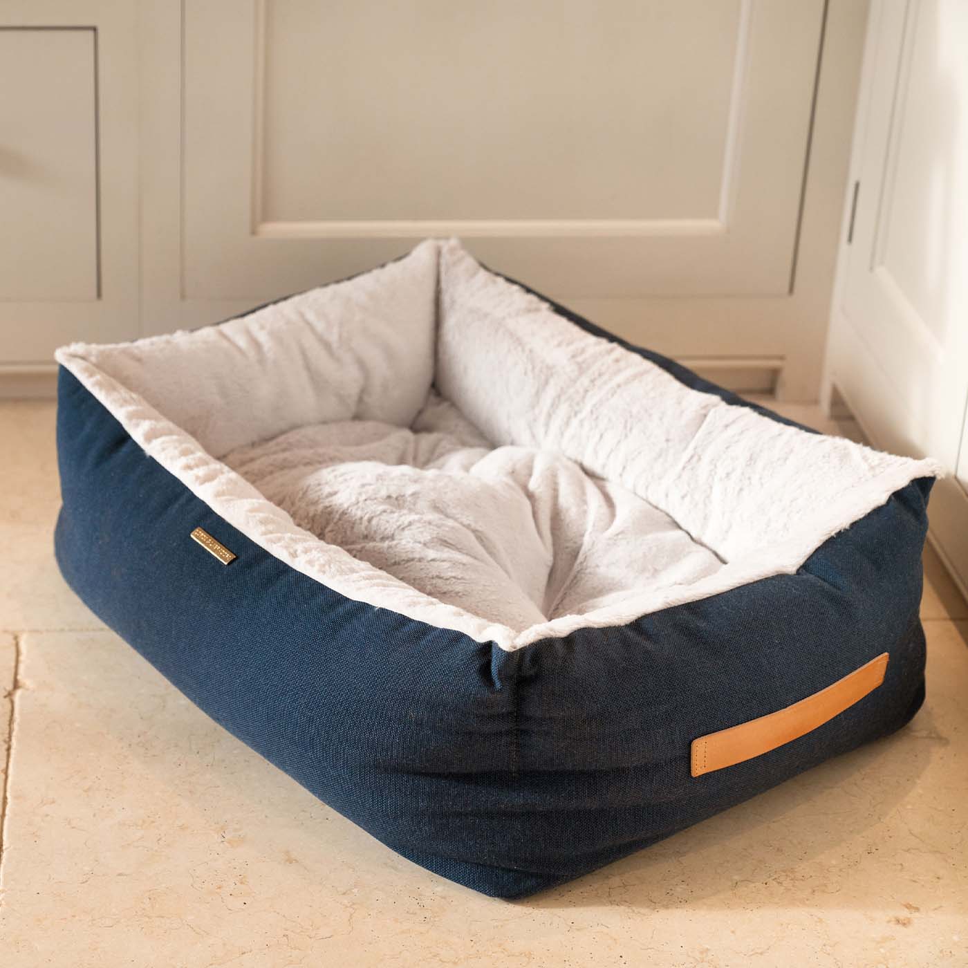 Discover This Luxurious Box Bed For Dogs, Made Using Beautiful Twill Fabric To Craft The Perfect Dog Box Bed! In Stunning Navy Denim, Available Now at Lords & Labradors    