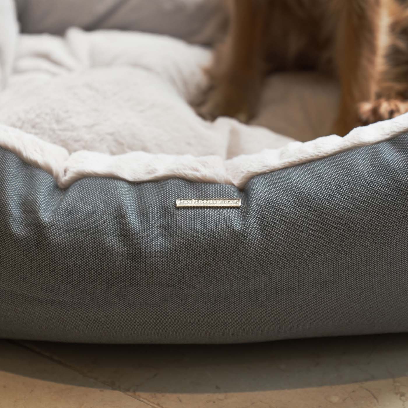 Discover This Luxurious Box Bed For Dogs, Made Using Beautiful Twill Fabric To Craft The Perfect Dog Box Bed! In Stunning Grey Slate, Available Now at Lords & Labradors    