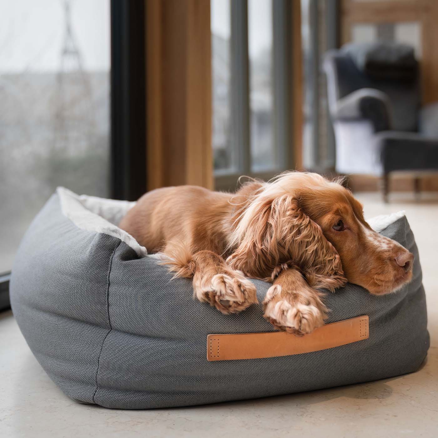 Discover This Luxurious Box Bed For Dogs, Made Using Beautiful Twill Fabric To Craft The Perfect Dog Box Bed! In Stunning Grey Slate, Available Now at Lords & Labradors    