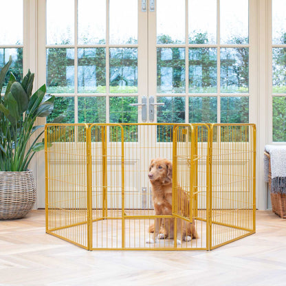 Ensure The Ultimate Puppy Safety with Our Heavy Duty 80cm High Gold Metal Play Pen, Crafted to Take Your Pet Right Through Maturity! Powder Coated to Be Extra Hardwearing! 6 panels that are 80cm high and attachments to connect to any crate. The modular system allows you to change the puppy pen shape with multiple layouts! Available To Now at Lords & Labradors 