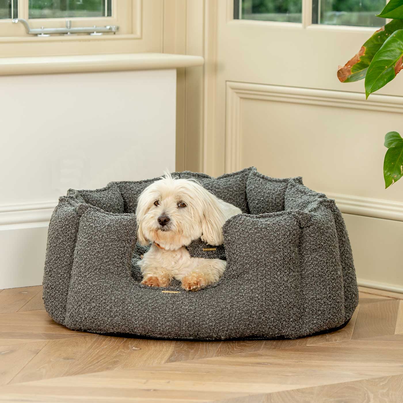 Discover Our Luxurious High Wall Bed For Dogs & Puppies, Featuring inner pillow with plush teddy fleece on one side To Craft The Perfect Dog Bed In Stunning Granite Boucle! Available To Personalise Now at Lords & Labradors    