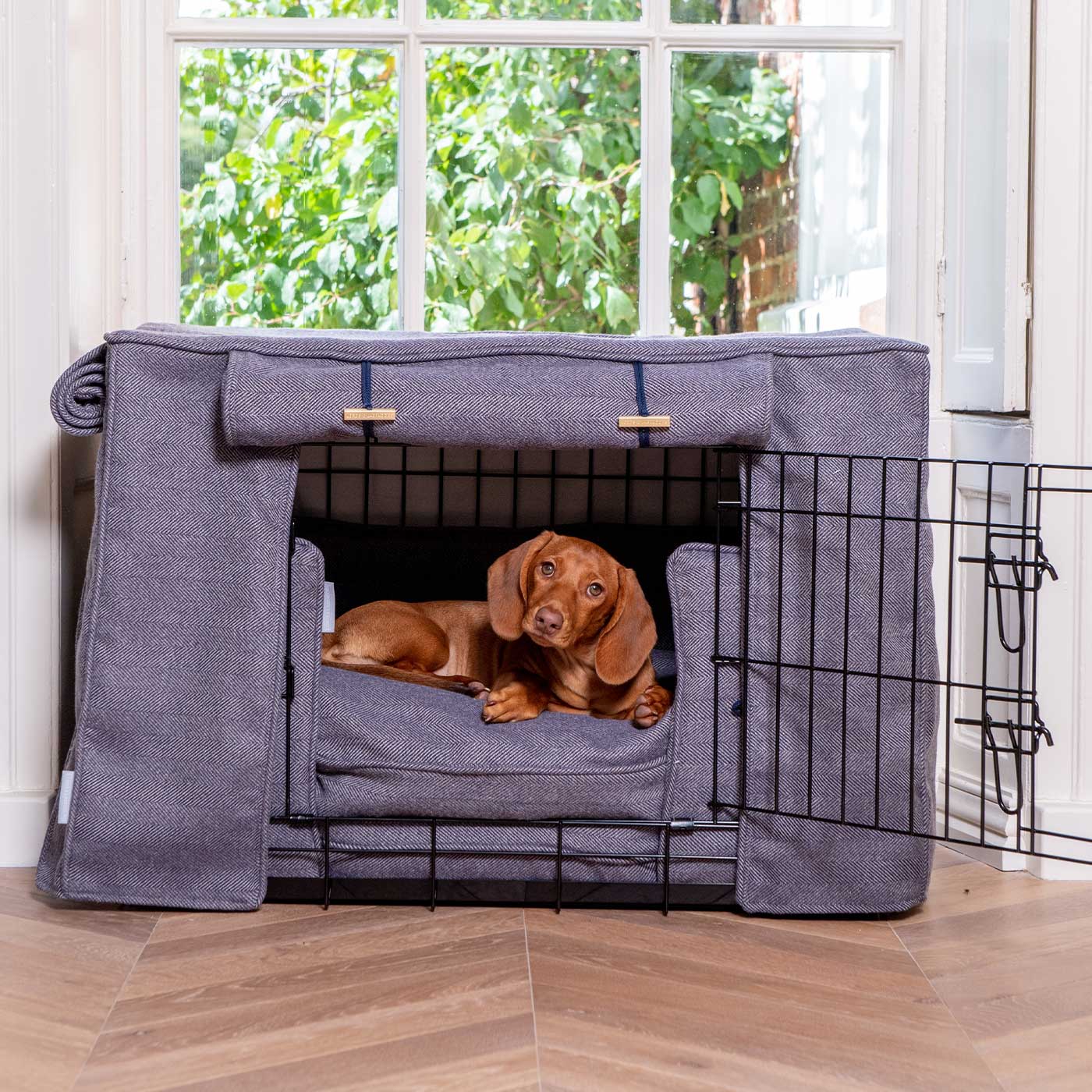 Luxury Heavy Duty Dog Crate, In Stunning Oxford Herringbone Tweed Crate Set, The Perfect Dog Crate Set For Building The Ultimate Pet Den! Dog Crate Cover Available To Personalise at Lords & Labradors