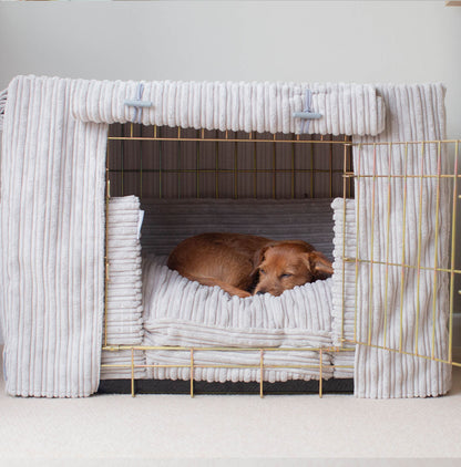 Luxury Dog Crate Set, Essentials Complete Plush Crate Set In Light Grey! Build The Ultimate Dog Den For The Perfect Burrow! Dog Crate Cover Available To Personalise at Lords & Labradors