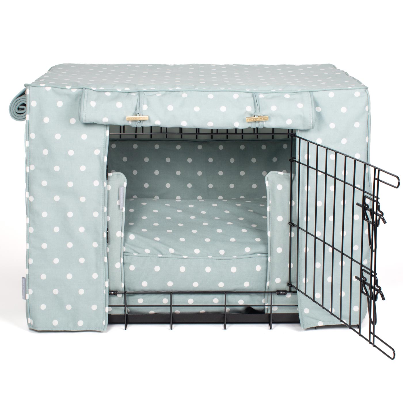 Luxury Heavy Duty Dog Crate, In Stunning Duck Egg Spot Crate Set, The Perfect Dog Crate Set For Building The Ultimate Pet Den! Dog Crate Cover Available To Personalise at Lords & Labradors 