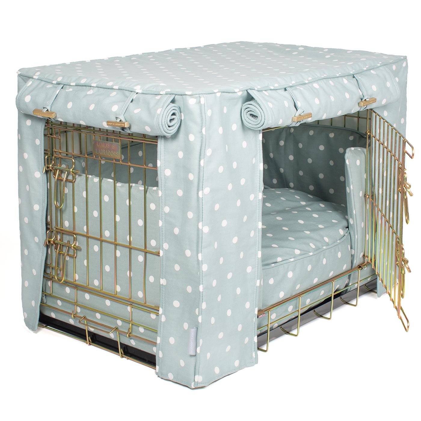 Luxury Heavy Duty Dog Crate, In Stunning Duck Egg Spot Crate Set, The Perfect Dog Crate Set For Building The Ultimate Pet Den! Dog Crate Cover Available To Personalise at Lords & Labradors 