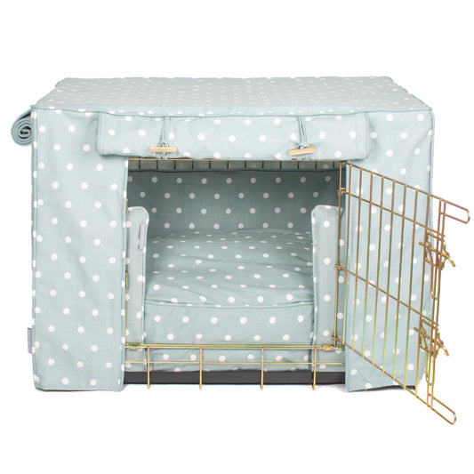 Luxury Heavy Duty Dog Crate, In Stunning Duck Egg Spot Crate Set, The Perfect Dog Crate Set For Building The Ultimate Pet Den! Dog Crate Cover Available To Personalise at Lords & Labradors 