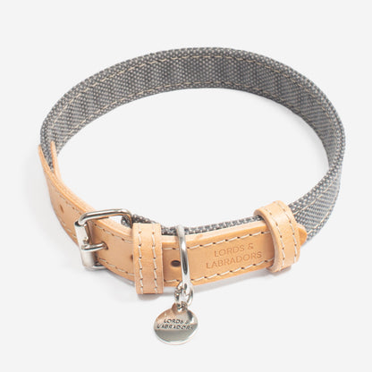 Discover dog walking luxury with our handcrafted Italian dog collar in beautiful essentials twill grey slate with grey fabric! The perfect collar for dogs available now at Lords & Labradors    