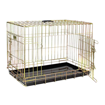 Discover the perfect deluxe heavy duty gold dog crate, featuring two doors for easy access and a removable tray for easy cleaning! The ideal choice to keep new puppies safe, made using pet safe galvanised steel! Available now in 5 sizes and three stunning colours at Lords & Labradors    