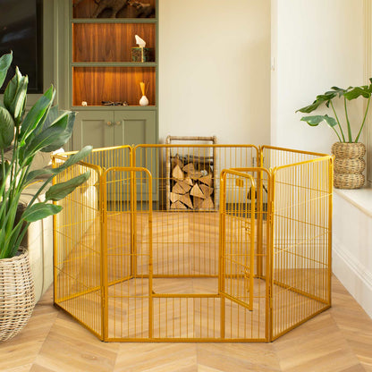 Ensure The Ultimate Puppy Safety with Our Heavy Duty 80cm High Gold Metal Play Pen, Crafted to Take Your Pet Right Through Maturity! Powder Coated to Be Extra Hardwearing! 6 panels that are 80cm high and attachments to connect to any crate. The modular system allows you to change the puppy pen shape with multiple layouts! Available To Now at Lords & Labradors 