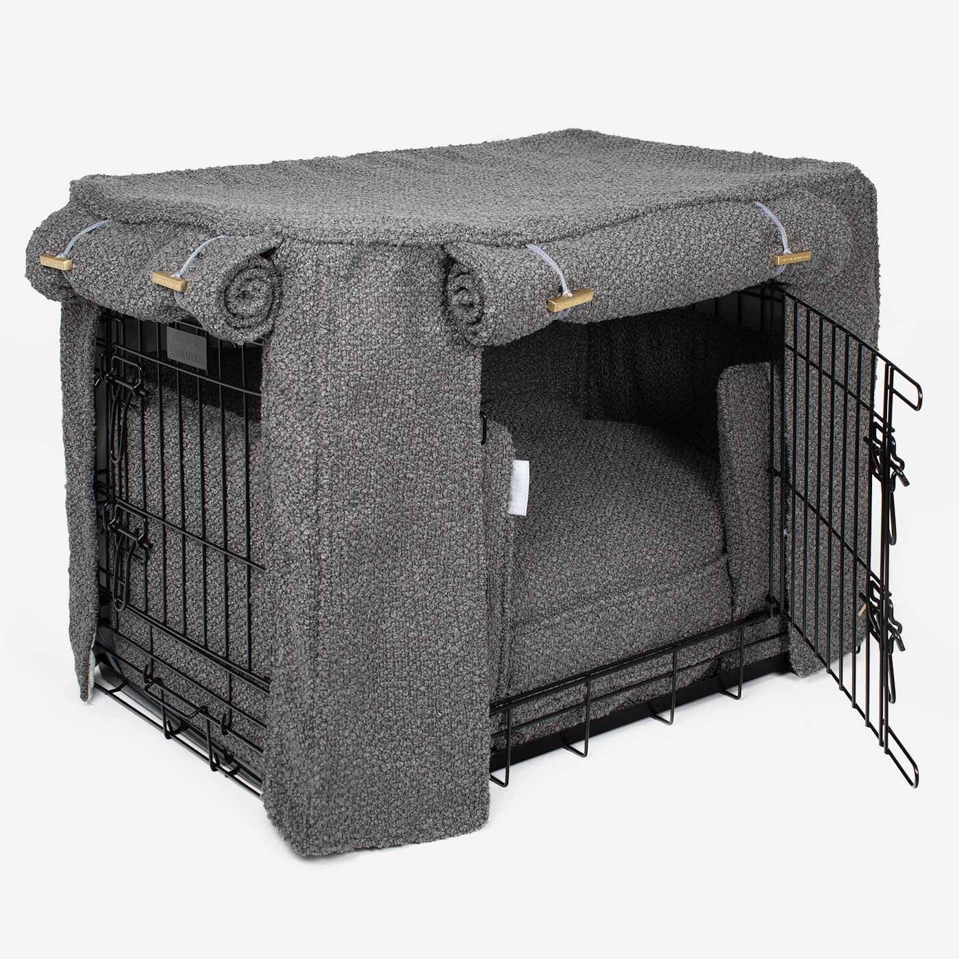 Luxury Heavy Duty Dog Crate, In Stunning Granite Bouclé Crate Set, The Perfect Dog Crate Set For Building The Ultimate Pet Den! Dog Crate Cover Available To Personalise at Lords & Labradors