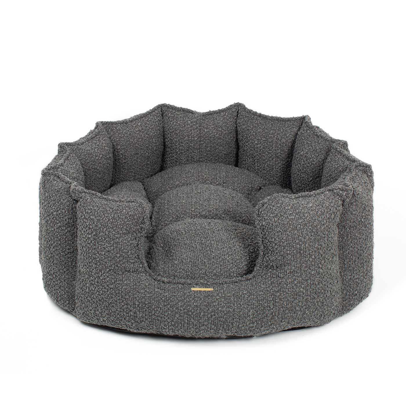 Discover Our Luxurious High Wall Bed For Dogs & Puppies, Featuring inner pillow with plush teddy fleece on one side To Craft The Perfect Dog Bed In Stunning Granite Boucle! Available To Personalise Now at Lords & Labradors    