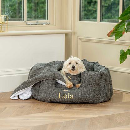 Discover Our Luxurious High Wall Bed For Dogs & Puppies, Featuring inner pillow with plush teddy fleece on one side To Craft The Perfect Dog Bed In Stunning Granite Boucle! Available To Personalise Now at Lords & Labradors    