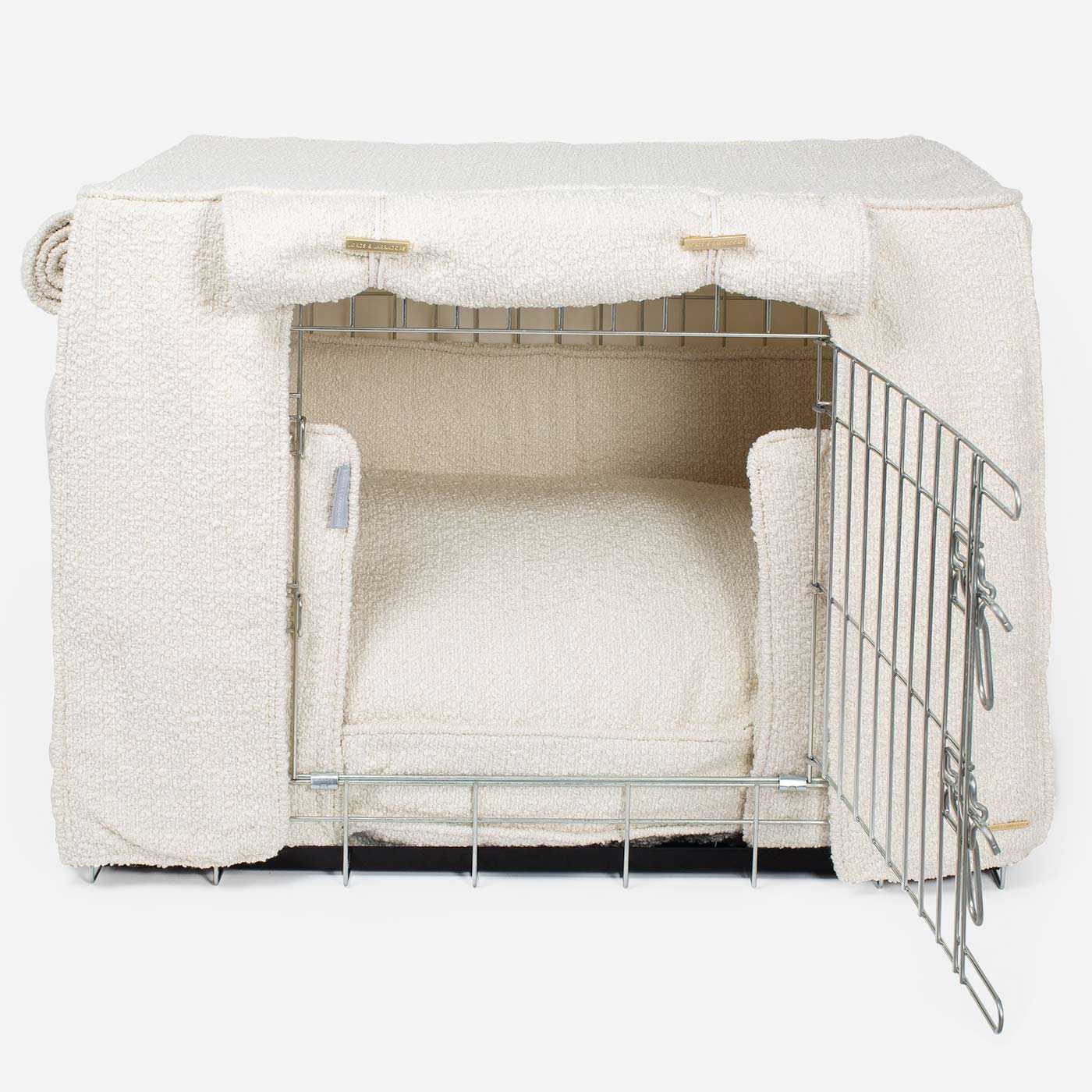 Luxury Heavy Duty Dog Crate, In Stunning Ivory Bouclé Crate Set, The Perfect Dog Crate Set For Building The Ultimate Pet Den! Dog Crate Cover Available To Personalise at Lords & Labradors