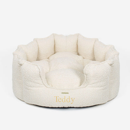 Discover Our Luxurious High Wall Bed For Dogs, Featuring inner pillow with plush teddy fleece on one side To Craft The Perfect Dogs Bed In Stunning Ivory Bouclé! Available To Personalise Now at Lords & Labradors    