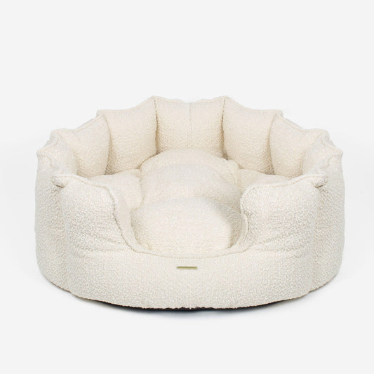 Discover Our Luxurious High Wall Bed For Dogs, Featuring inner pillow with plush teddy fleece on one side To Craft The Perfect Dogs Bed In Stunning Ivory Bouclé! Available To Personalise Now at Lords & Labradors    