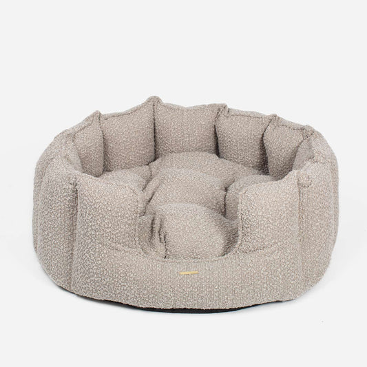 Discover Our Luxurious High Wall Bed For Dogs, Featuring inner pillow with plush teddy fleece on one side To Craft The Perfect Dogs Bed In Stunning Mink Bouclé! Available To Personalise Now at Lords & Labradors    