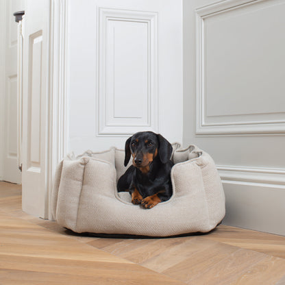 Discover Our Luxurious High Wall Bed For Dogs, Featuring inner pillow with plush teddy fleece on one side To Craft The Perfect Dogs Bed In Stunning Natural Herringbone Tweed! Available To Personalise Now at Lords & Labradors 