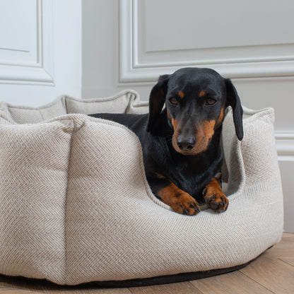 Discover Our Luxurious High Wall Bed For Dogs, Featuring inner pillow with plush teddy fleece on one side To Craft The Perfect Dogs Bed In Stunning Natural Herringbone Tweed! Available To Personalise Now at Lords & Labradors 