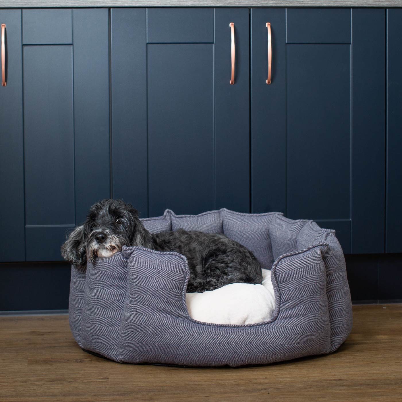 Discover Our Luxurious High Wall Bed For Dogs, Featuring inner pillow with plush teddy fleece on one side To Craft The Perfect Dogs Bed In Stunning Oxford Herringbone Tweed! Available To Personalise Now at Lords & Labradors 