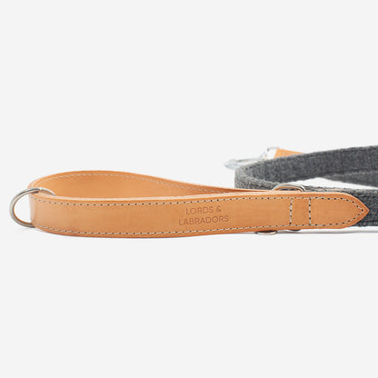 Discover dog walking luxury with our handcrafted Italian Herdwick dog lead in beautiful graphite with woven dark grey fabric! The perfect lead for dogs available now at Lords & Labradors 