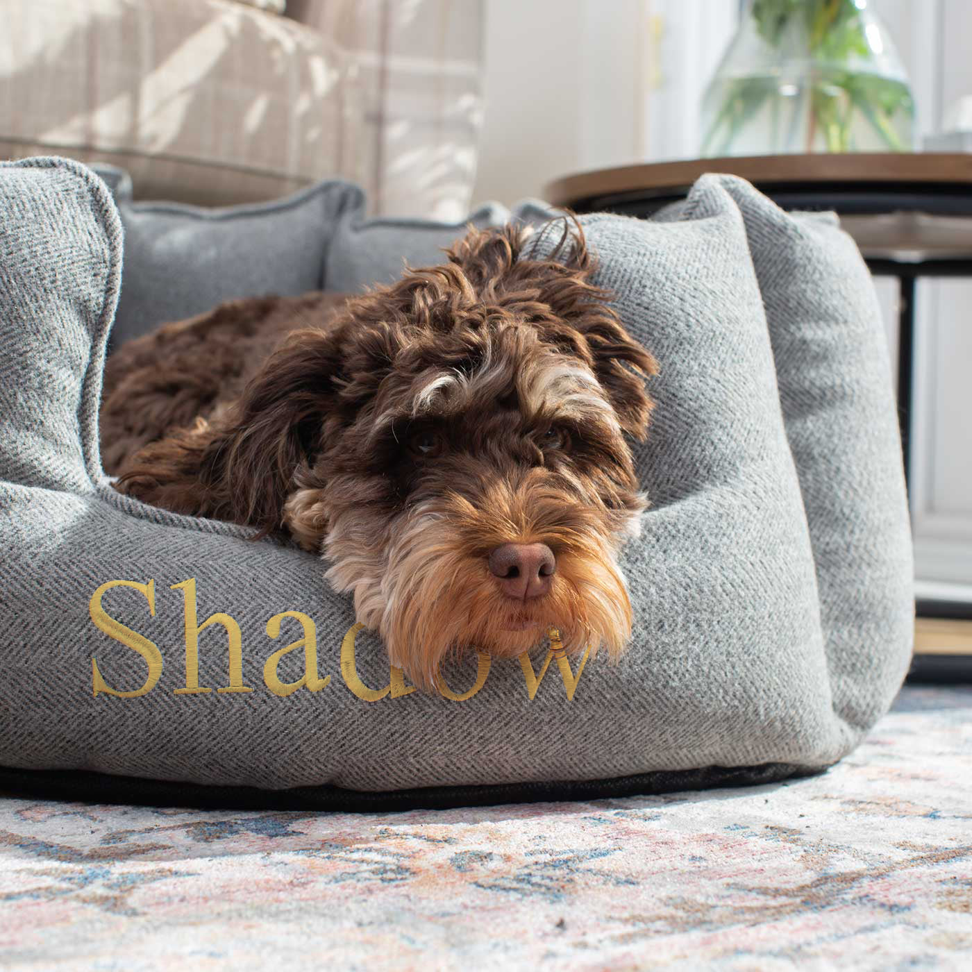 Discover Our Luxurious High Wall Bed For Dogs, Featuring inner pillow with plush teddy fleece on one side To Craft The Perfect Dogs Bed In Stunning Pewter Herringbone Tweed! Available To Personalise Now at Lords & Labradors    