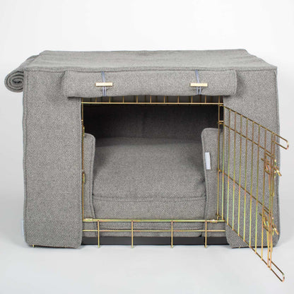 Luxury Heavy Duty Dog Crate, In Stunning Pewter Herringbone Tweed Crate Set, The Perfect Dog Crate Set For Building The Ultimate Pet Den! Dog Crate Cover Available To Personalise at Lords & Labradors