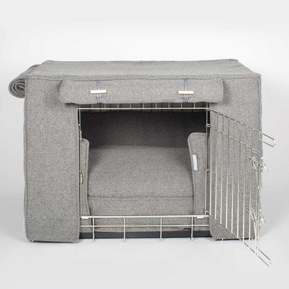 Luxury Heavy Duty Dog Crate, In Stunning Pewter Herringbone Tweed Crate Set, The Perfect Dog Crate Set For Building The Ultimate Pet Den! Dog Crate Cover Available To Personalise at Lords & Labradors