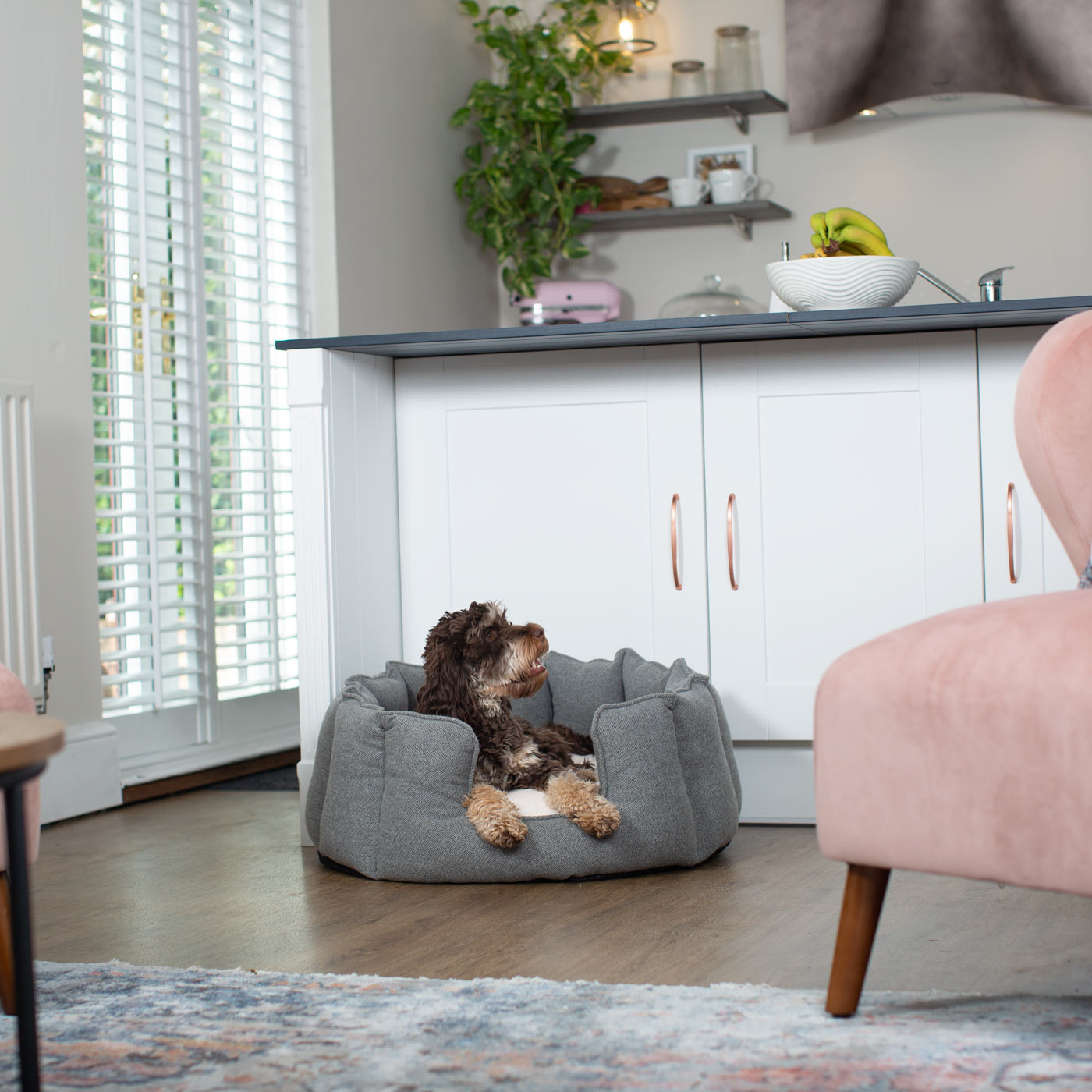 Discover Our Luxurious High Wall Bed For Dogs, Featuring inner pillow with plush teddy fleece on one side To Craft The Perfect Dogs Bed In Stunning Pewter Herringbone Tweed! Available To Personalise Now at Lords & Labradors    