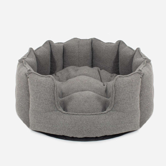 Discover Our Luxurious High Wall Bed For Dogs, Featuring inner pillow with plush teddy fleece on one side To Craft The Perfect Dogs Bed In Stunning Pewter Herringbone Tweed! Available To Personalise Now at Lords & Labradors    