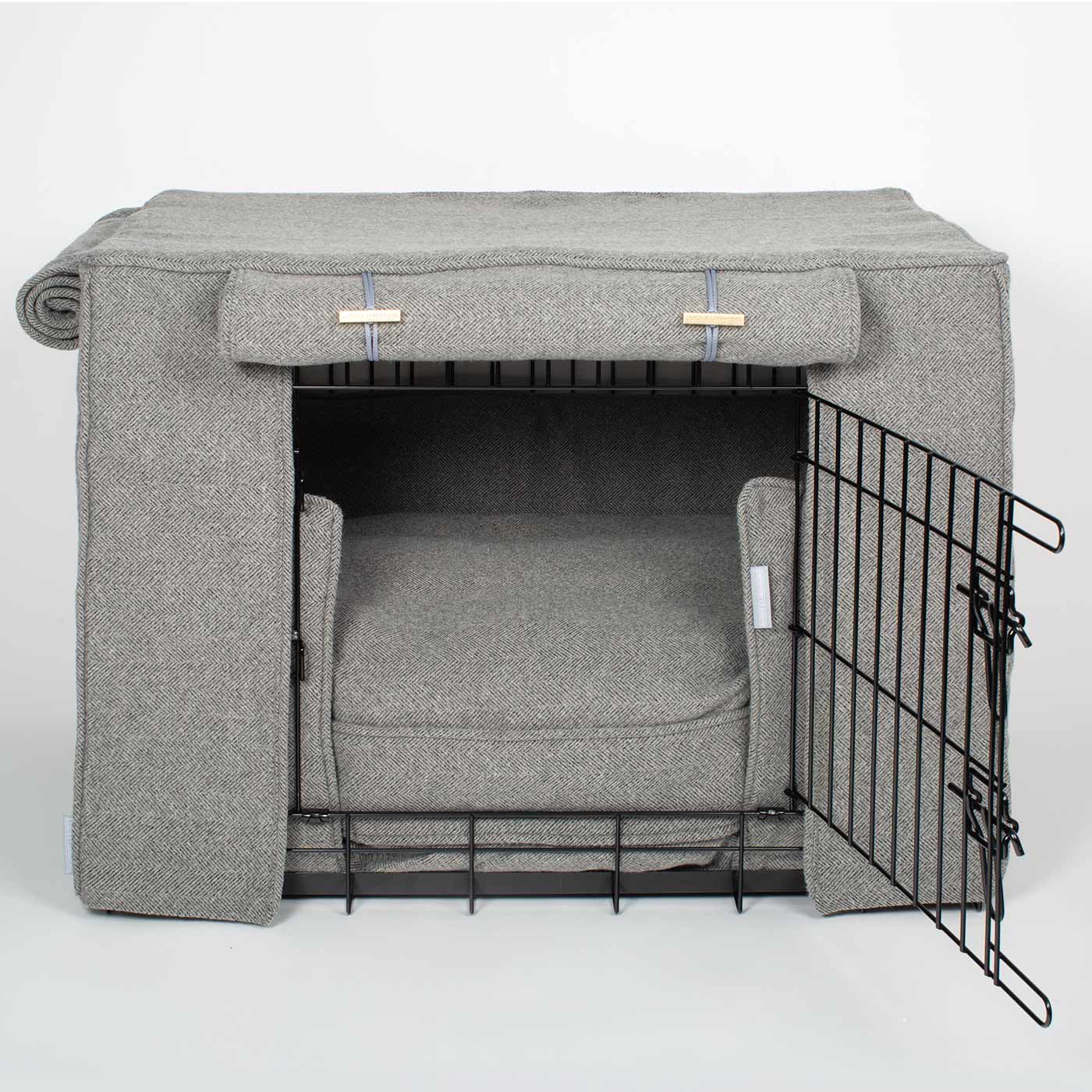 Luxury Heavy Duty Dog Crate, In Stunning Pewter Herringbone Tweed Crate Set, The Perfect Dog Crate Set For Building The Ultimate Pet Den! Dog Crate Cover Available To Personalise at Lords & Labradors