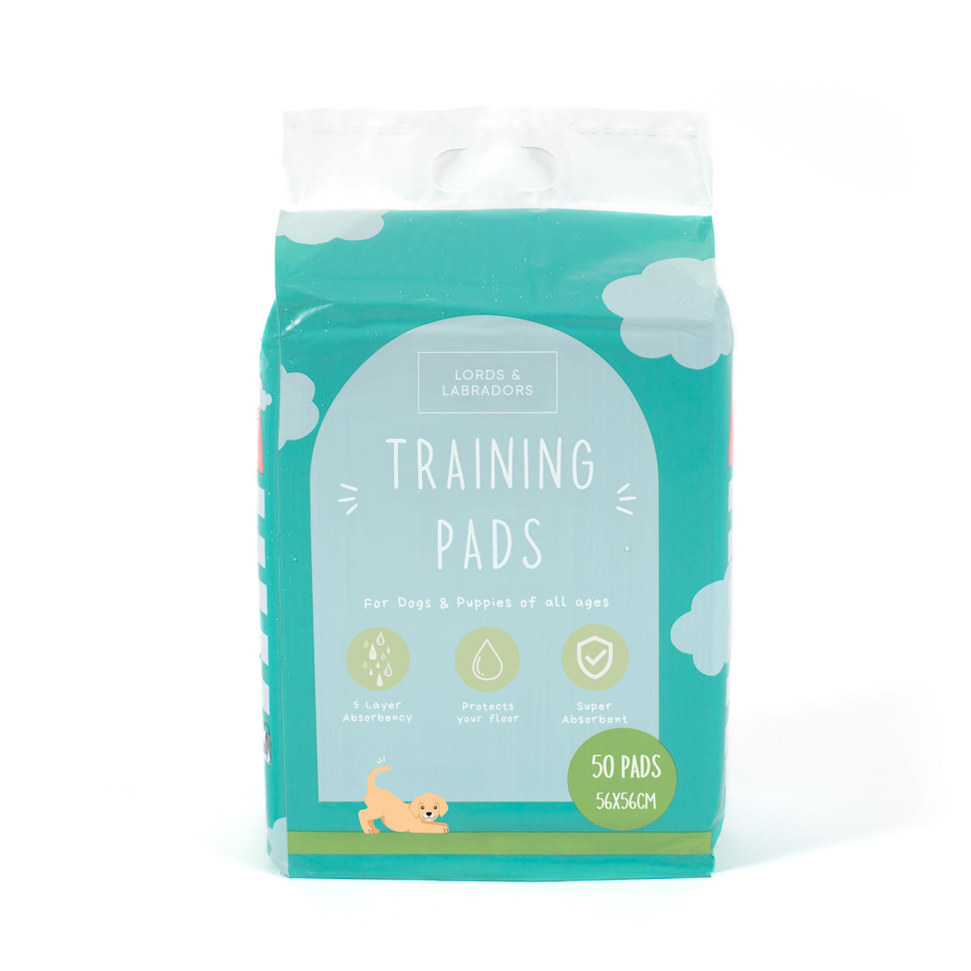 Discover Puppy Training Pads, 50 pads per pack. Featuring Super absorbent with 5 layers absorbency, and Makes house training easy and protects floors. Reducing smelly odours, Perfect for training puppies, travelling, ill or confined dogs. now available at Lords and Labradors