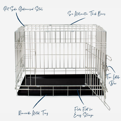 Discover the perfect deluxe heavy duty silver dog crate, featuring two doors for easy access and a removable tray for easy cleaning! The ideal choice to keep new puppies safe, made using pet safe galvanised steel! Available now in 5 sizes and three stunning colours at Lords & Labradors 